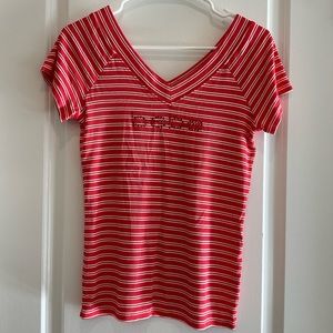 Red & White Striped Short Sleeve V-Neck bebe Tee (L)